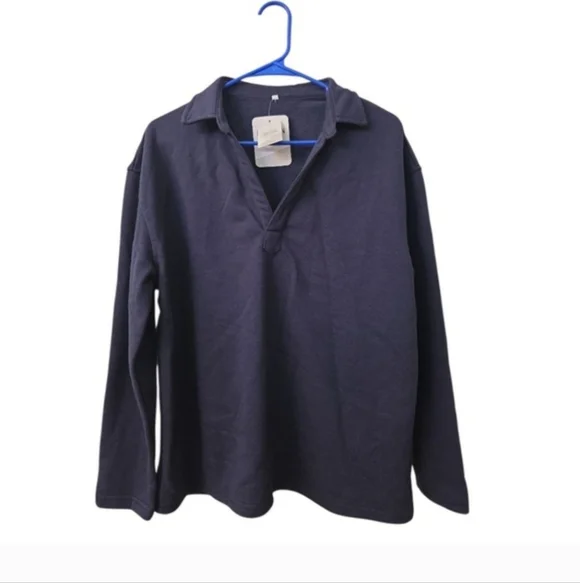 Women's Collared Pullover Sweatshirt Navy Blue - Picture 2 of 8